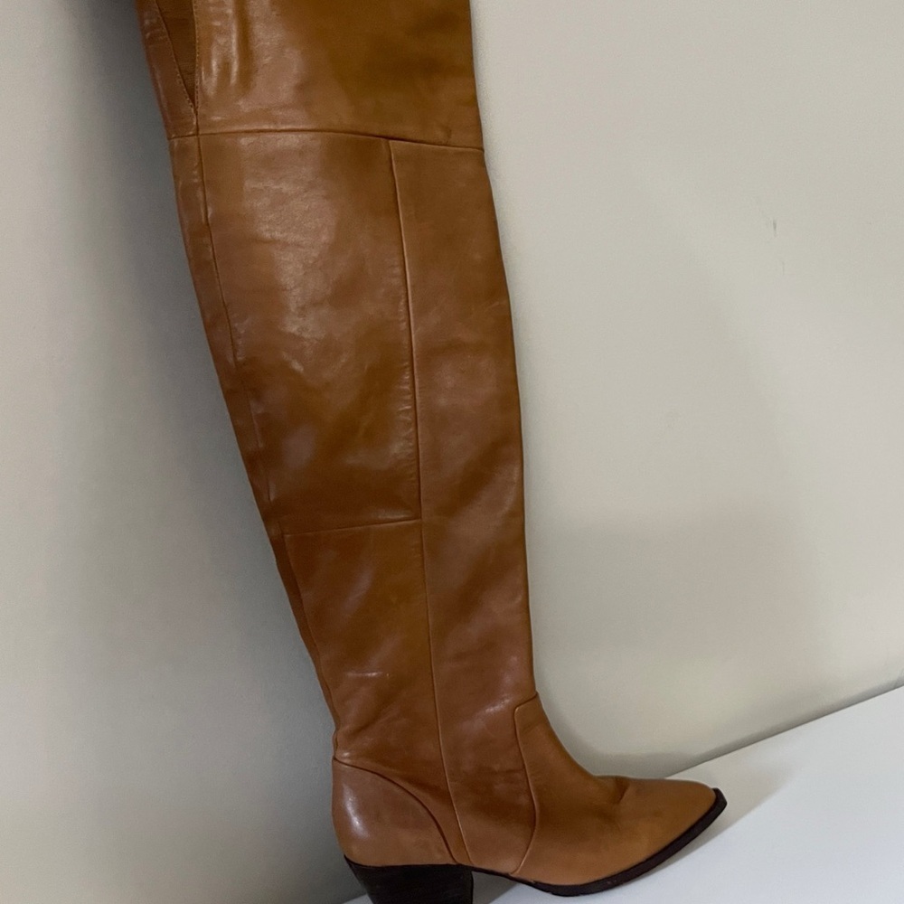 Aldo Tan Brown Over the Knee Leather Boots Almond Toe Chic Casual Festival